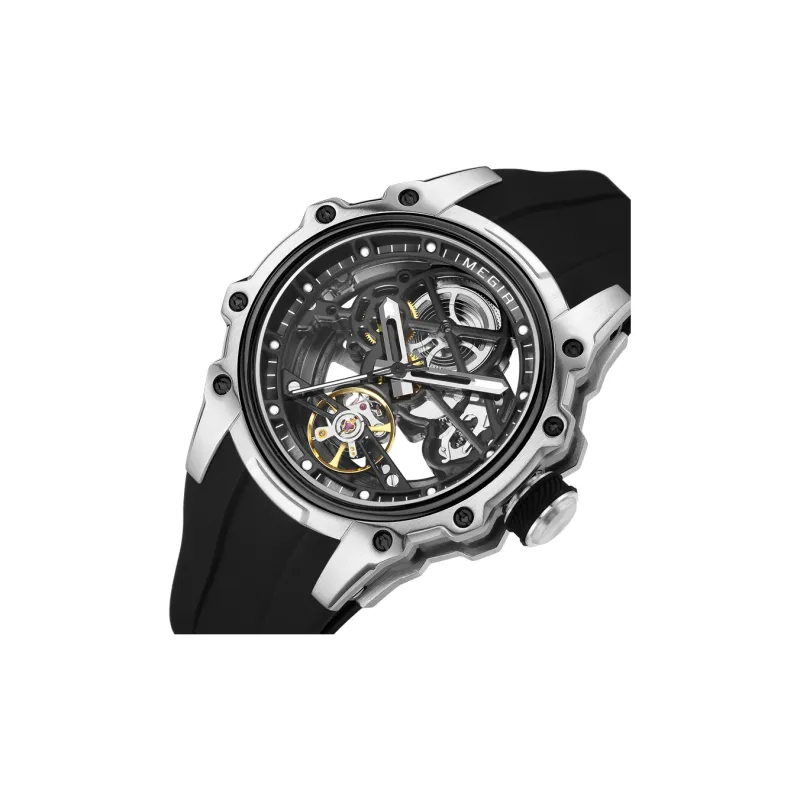 MEGIR Mechanical Movement Silicone Strap Watch Men's Watches Cut-Out Dial-5