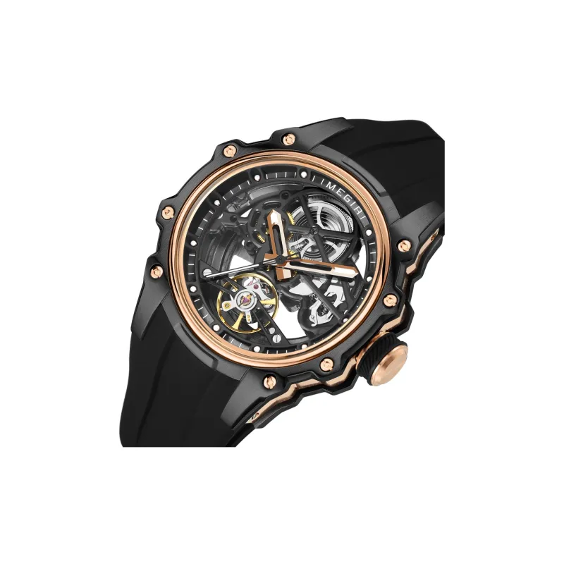MEGIR Mechanical Movement Silicone Strap Watch Men's Watches Cut-Out Dial-11