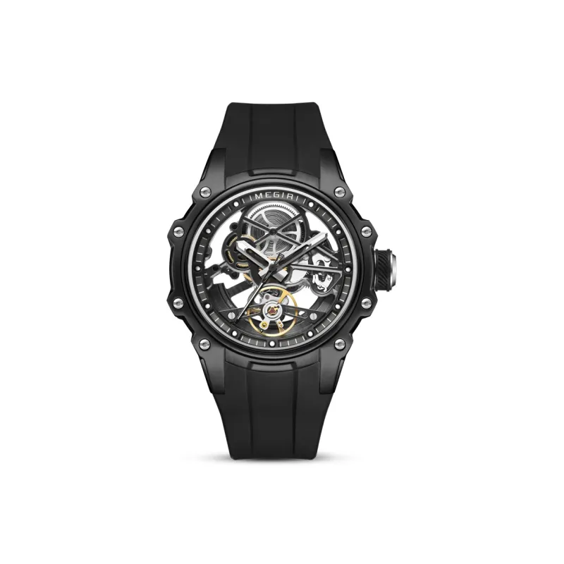 MEGIR Mechanical Movement Silicone Strap Watch Men's Watches Cut-Out Dial-7
