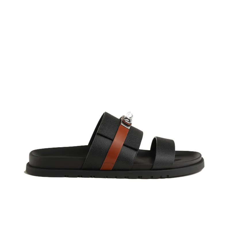HERMES Rubber Sole Quiet Slide Slippers Men's Black-1
