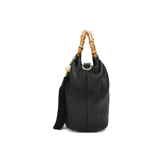 Ancient Yi Xi Mulberry Silk Cheongsam Xiangyun Gauze Bamboo Fringe Handbag Medium Size Women's Black-3