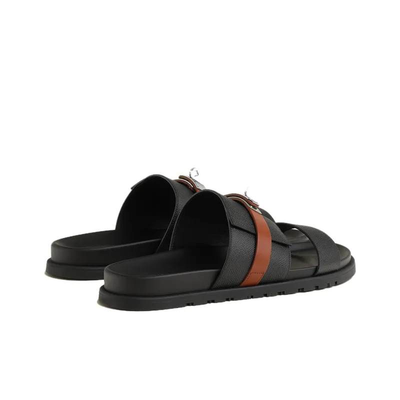 HERMES Rubber Sole Quiet Slide Slippers Men's Black-2