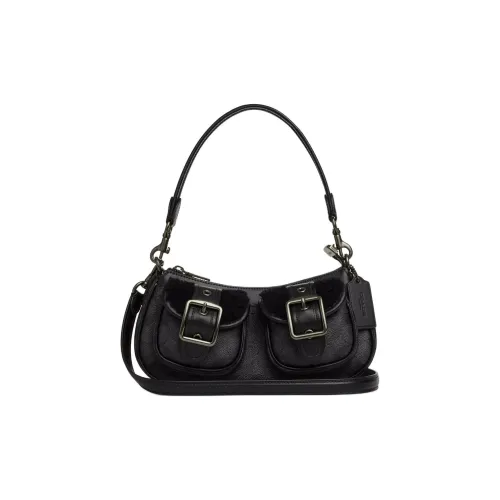 COACH Ashton Coated Canvas With Smooth Leather One Shoulder Handbag Medium Size Women's Black