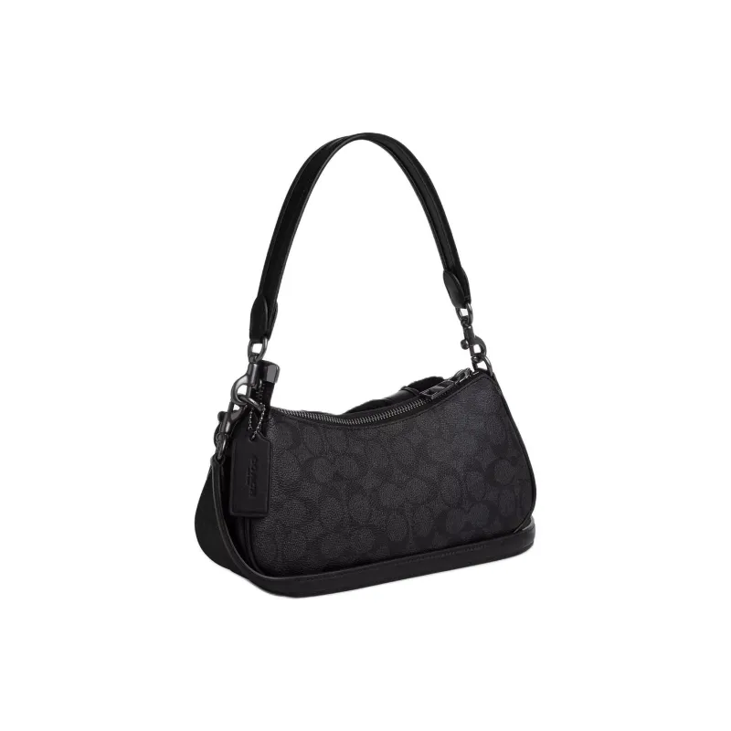 COACH Ashton Coated Canvas With Smooth Leather One Shoulder Handbag Medium Size Women's Black-1