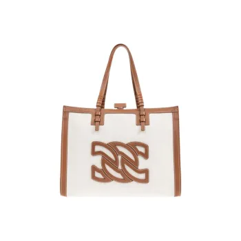 Casadei Fabric Tote Bag, Shopping Bag, Handbag Women's White & Brown