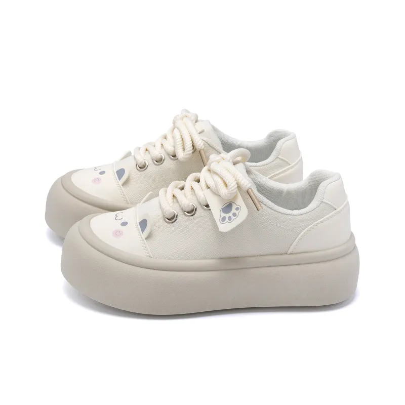 HUANQIU Height Increasing Wear Resistant Low Top Canvas Shoes Women's Beige-1