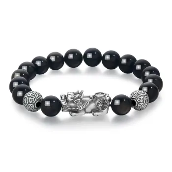 PUTUOSHANWENCHUANG Obsidian Sterling Silver Beaded Bracelet For Men Unisex