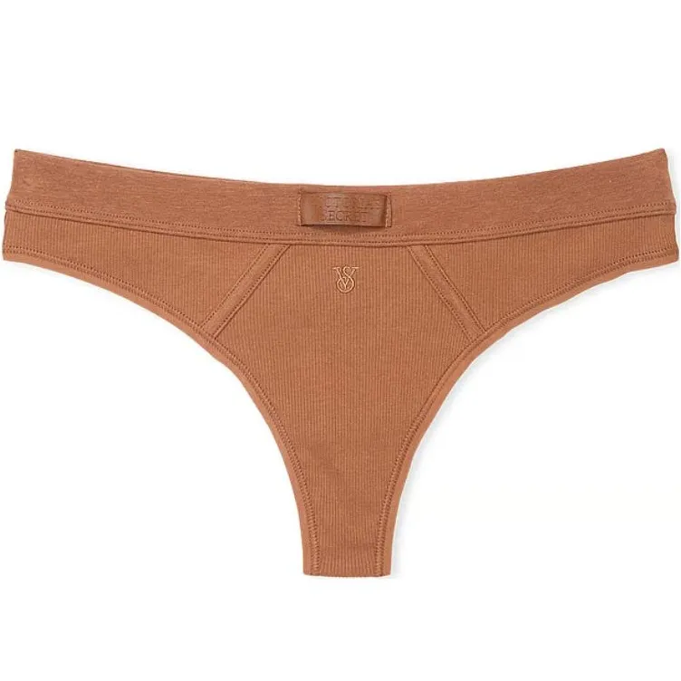 Victoria's Secret Cotton Logo Cotton Thong Panty/Caramel Underpants Women's 1 Pack Khaki-0
