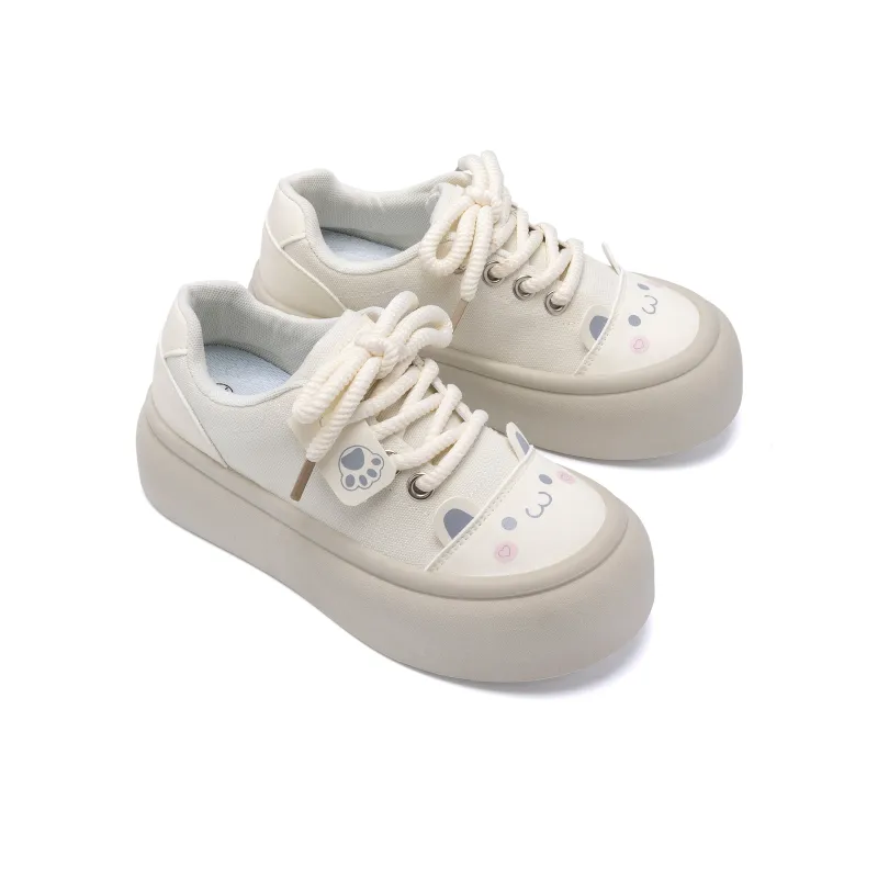 HUANQIU Height Increasing Wear Resistant Low Top Canvas Shoes Women's Beige-2