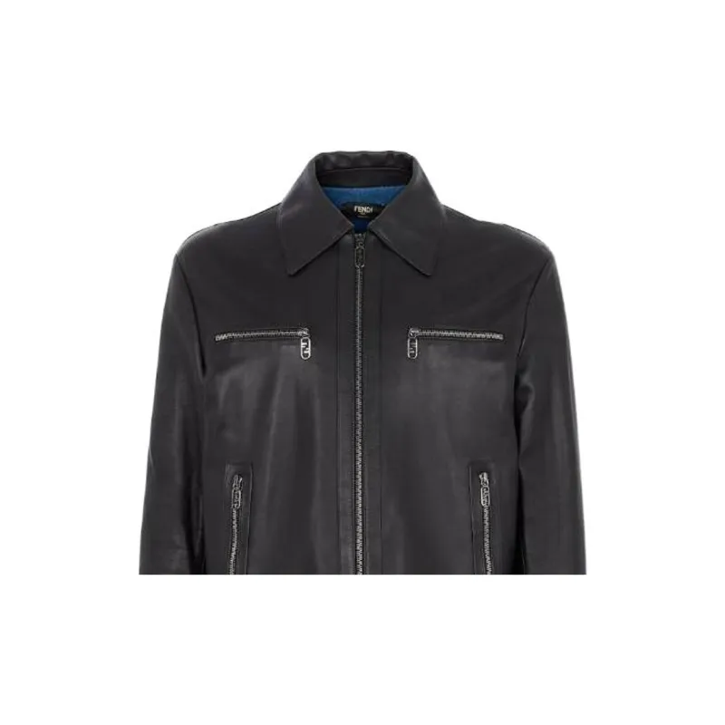 FENDI Leather Jackets Men Black-3