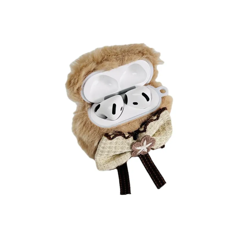 Sopi Compatibility With Apple AirPods 4/2/3/4th Generation/AirPods Pro/Pro 2 Plush Brown Plush Bowknot Headphone Cases-1