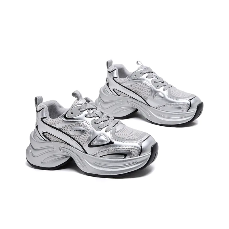MALEMONKEY Lightweight Height Increasing Low-Top Chunky Sneakers Women's Silver-1
