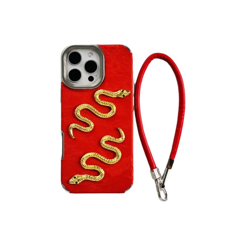Wei Xin TPU Material Red Satin Snake Pattern Lanyard Phone Cases Compatible With IPhone 16/15/13/14/Pro/Ma-3