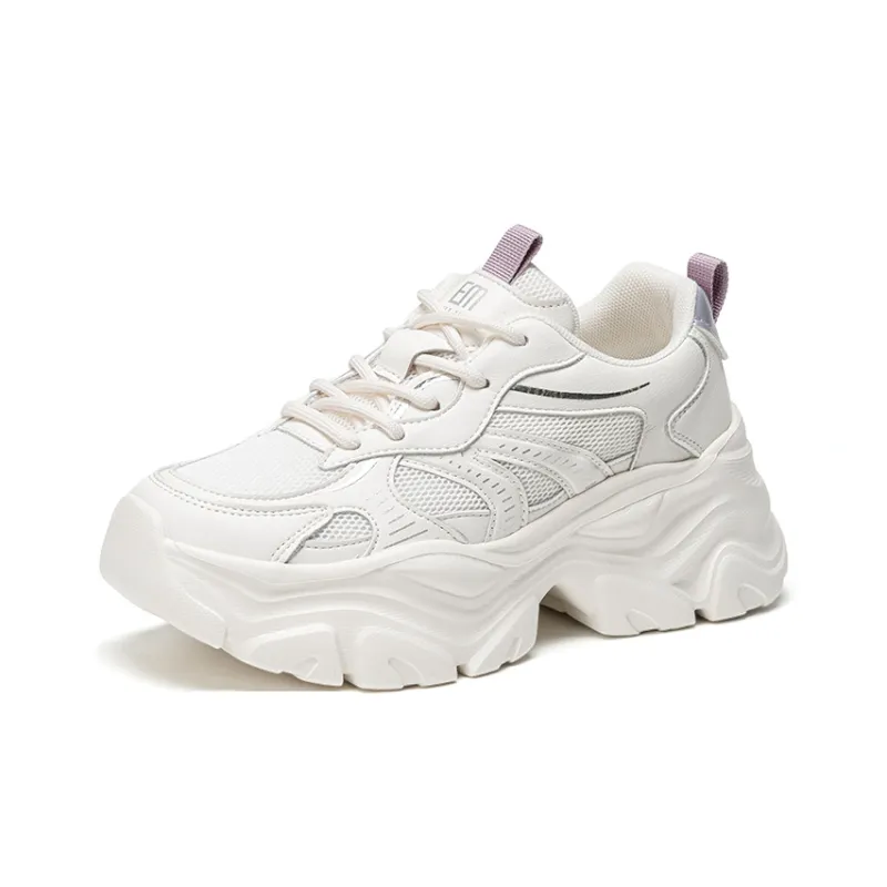 EXULL Q Height Increasing, Lightweight, Breathable, Slip Resistant Low Top Chunky Sneakers Women's Beige Purple-1