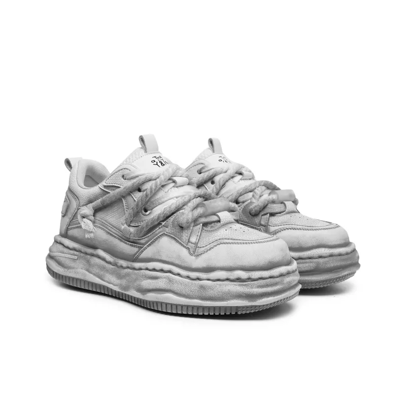 JIPOSEN Height Increasing Low Top Niche Skateboard Shoes Unisex Distressed White-2