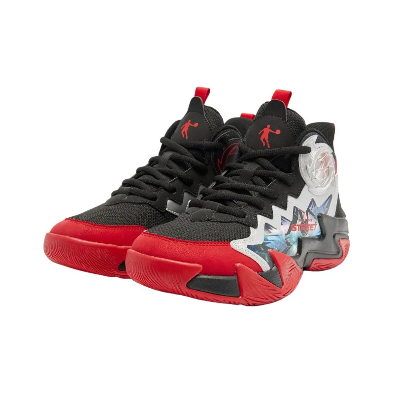 QIAODAN Anti Slip Wear Resistant Low Top Children's Basketball Shoes Black Red Teenagers-2