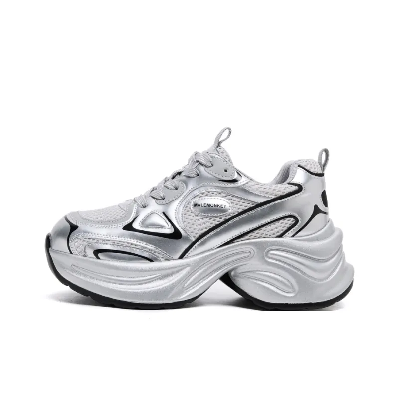 MALEMONKEY Lightweight Height Increasing Low-Top Chunky Sneakers Women's Silver-0