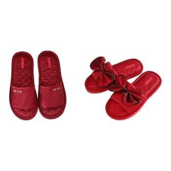 Thin Strips Cotton Linen Blend Slippers Unisex, Red