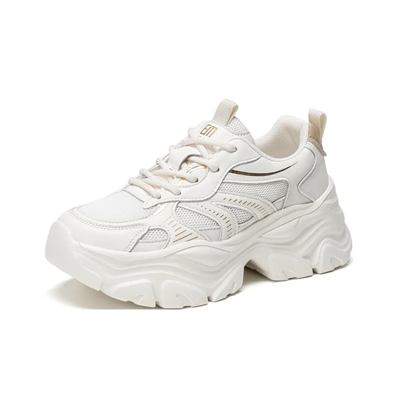 EXULL Q Height Increasing, Lightweight, Breathable, Slip Resistant Low Top Chunky Sneakers Women's Beige Gold-1