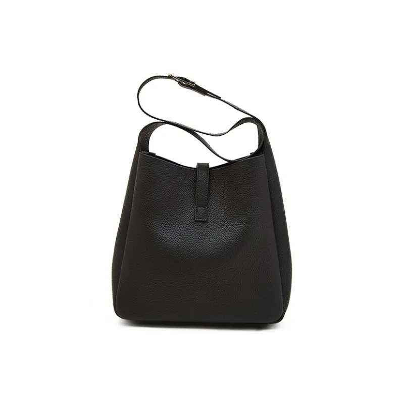 Old Man's Head Top Grain Cow Leather Shoulder Bag Medium Size Women's Black-3