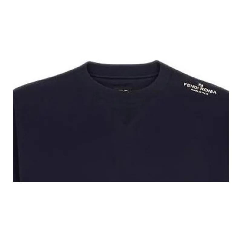 FENDI Logo Print Crew Neck Pullover Short Sleeved T Shirt Men's Navy Blue-4