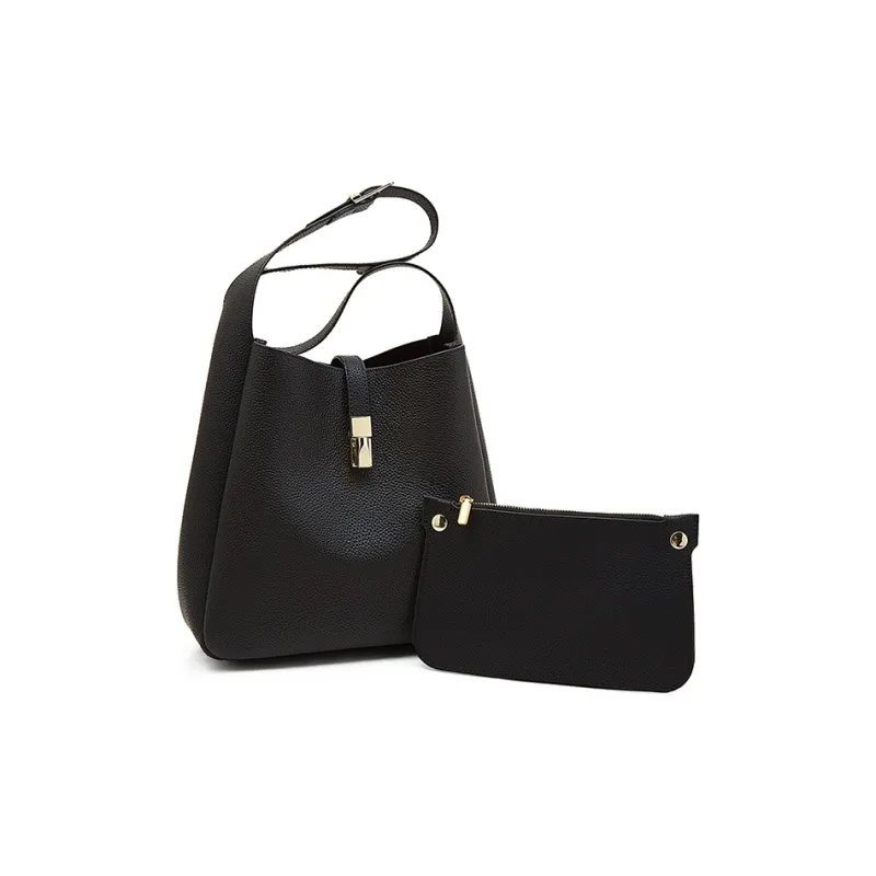 Old Man's Head Top Grain Cow Leather Shoulder Bag Medium Size Women's Black-1