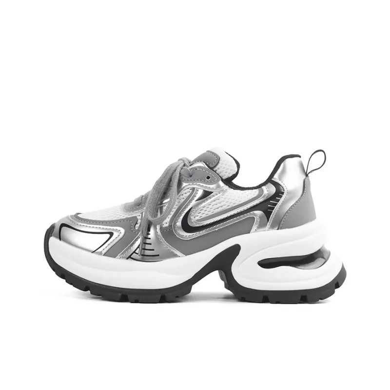 BENZI Anti Slip Wear Resistant Breathable Lightweight Height Increasing Low Top Chunky Sneakers Women's Silver Gray-0