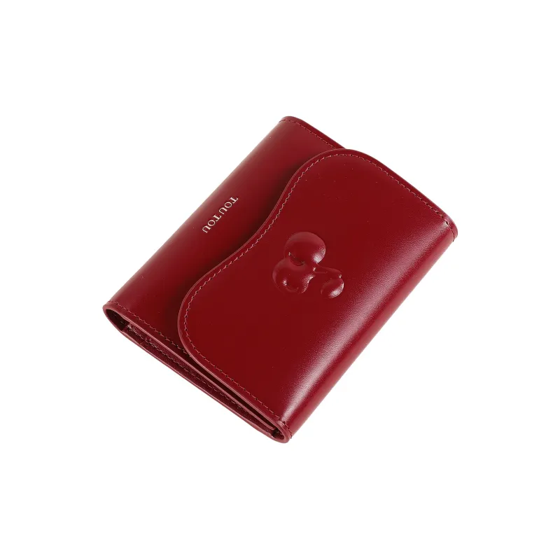 TOUTOU Cow Leather Wallet Women's Cherry Red/Strawberry Pink-3