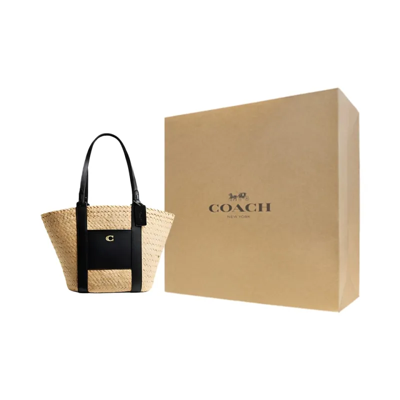 COACH Straw With Calfskin Tote Bag, Shopping Bag, Handbag, Shoulder Bag Trumpets Women's Natural-6