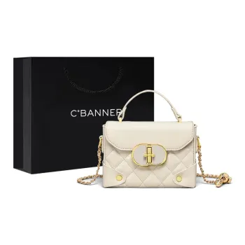 C°BANNER Cow Leather One Shoulder Crossbody Chain Portable Small Square Bag Women's Ecru