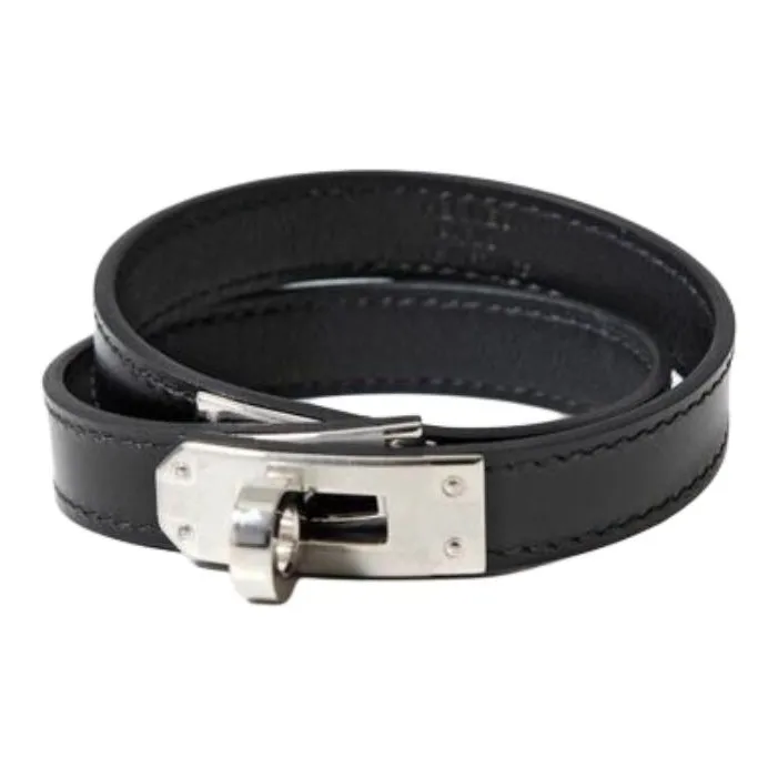 HERMES Leather Metal Bracelets Men's Black-0