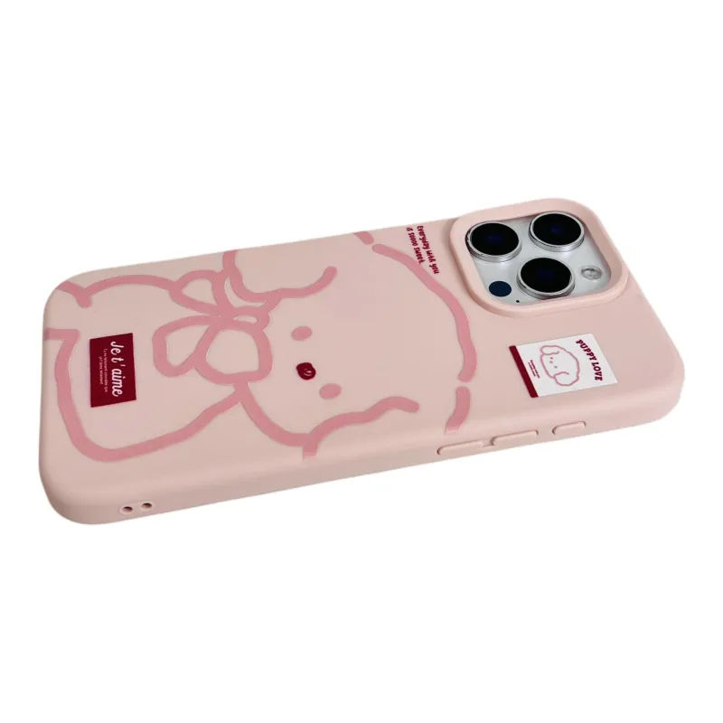 Wei Xin Silicone Material Pink Line Bowknot Puppy Phone Cases Compatible With IPhone 16/15 Pro Max/Apple 13/14 Pro/Max-5
