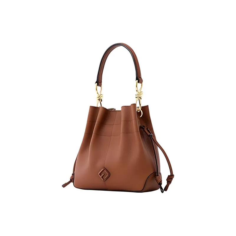 FION Cow Leather Bucket Bag, Shoulder Bag, Crossbody Bag, Handbag Medium Size Women's Caramel Brown-1