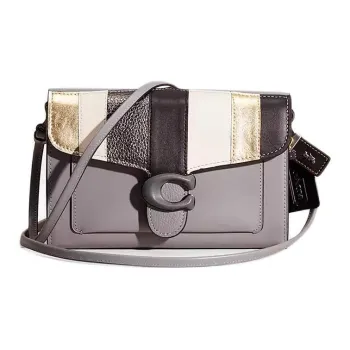 COACH Chain Leather Patchwork Calfskin Clutches Crossbody Bag Shoulder Bag Small Size Women's Tin-Plated Granite