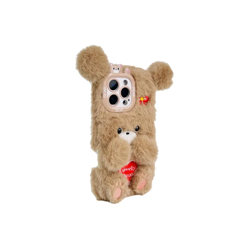 Sopi Plush Material Plush Embroidered Heart Bear Phone Cases Compatible With IPhone 16/15 Pro Max/Apple 13/14 Pro/Max-1