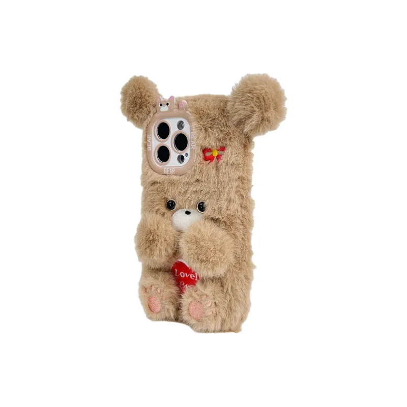 Sopi Plush Material Plush Embroidered Heart Bear Phone Cases Compatible With IPhone 16/15 Pro Max/Apple 13/14 Pro/Max-2