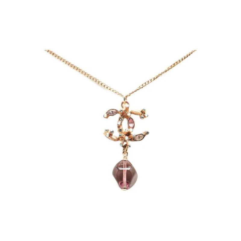 CHANEL 2012 Plated Cc Crystal And Amethyst Pendant Costume Necklace-0