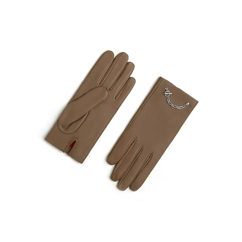 HERMES Lambskin, Cashmere, Metal, Palladium Plated Gloves Women's Brown-1