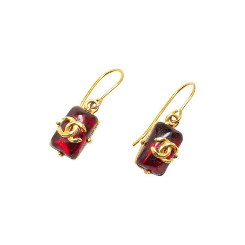 CHANEL 1999 Gold Plated Gripoix Cc Hook Costume Earrings-0
