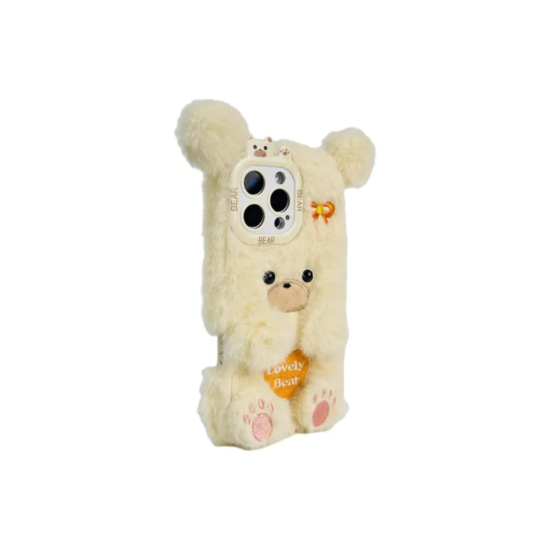 Sopi Plush Material Plush Embroidered Heart Bear Phone Cases Compatible With IPhone 16/15 Pro Max/Apple 13/14 Pro/Max-5