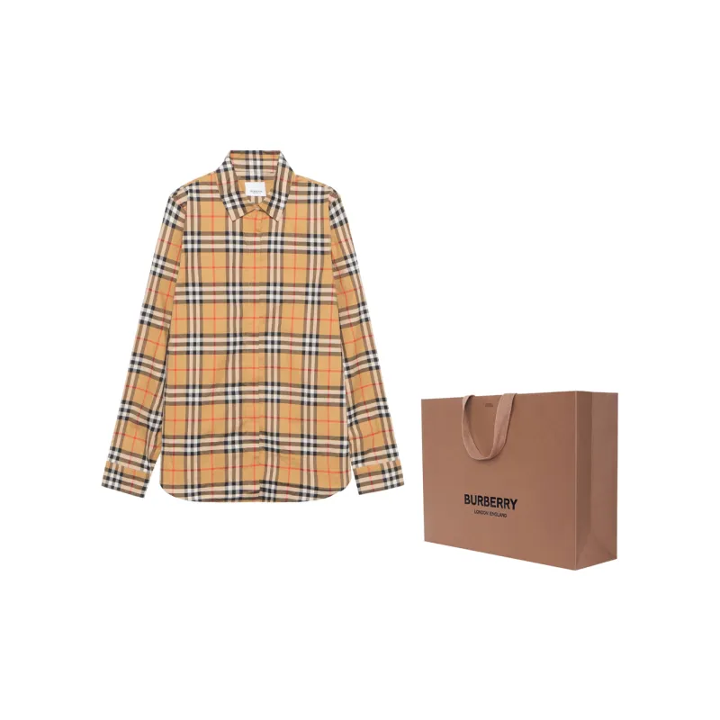 Burberry Vintage Women'ss Check Cotton Oversized Shirt Antique Yellow-5