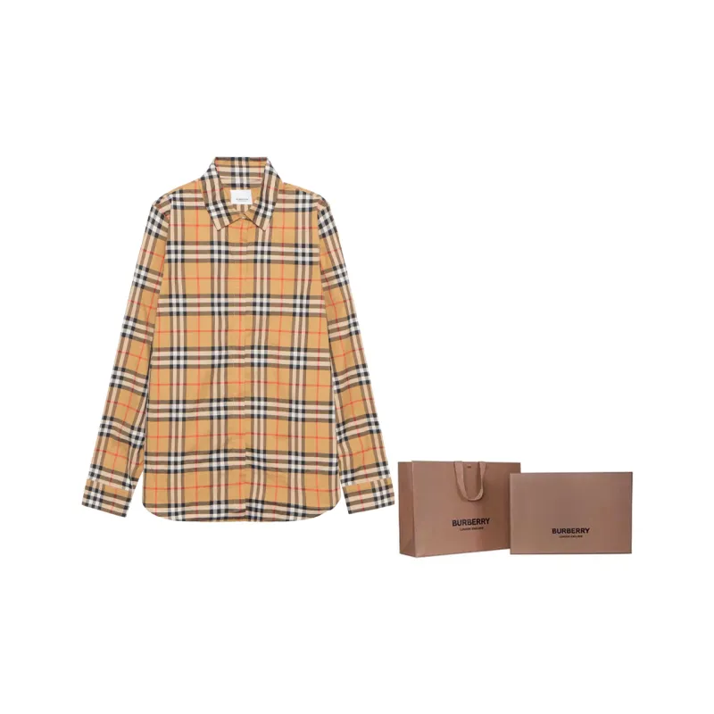 Burberry Vintage Women'ss Check Cotton Oversized Shirt Antique Yellow-7