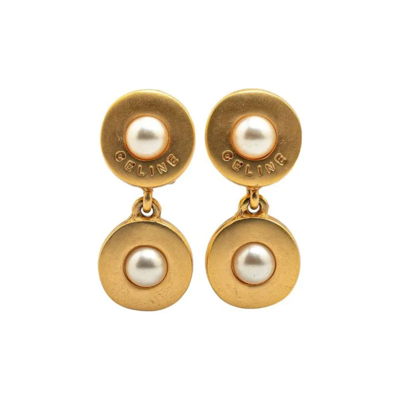 CELINE Artificial Pearl Clip-On Earrings Women's Gold-0