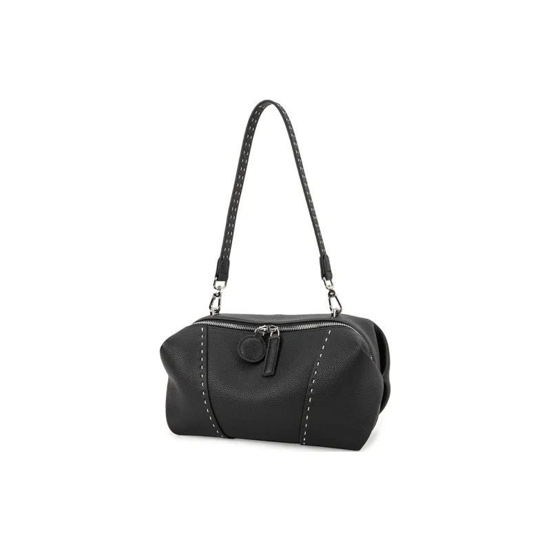 VENOF Top Grain Cow Leather Shoulder Bag Women's Elephant Gray/Mirrored Black-6