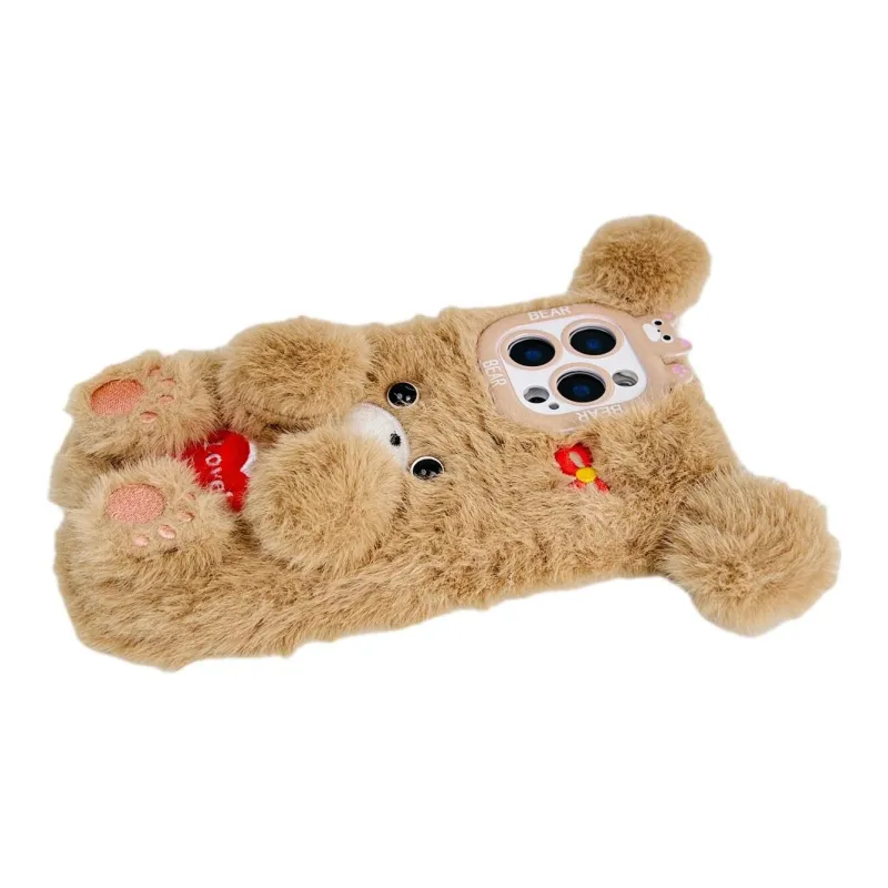Sopi Plush Material Plush Embroidered Heart Bear Phone Cases Compatible With IPhone 16/15 Pro Max/Apple 13/14 Pro/Max-3