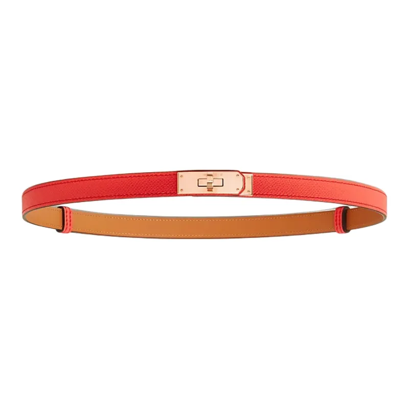 HERMES Calfskin Leather Belts Women's Orange Width 1.8cm-1