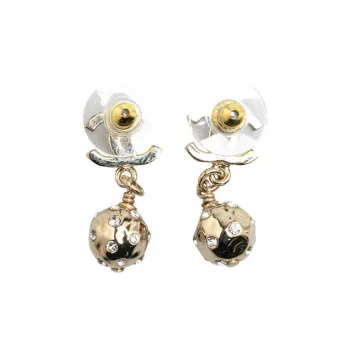 CHANEL 2024 Plated Cc Rhinestone Ball Drop Costume Earrings