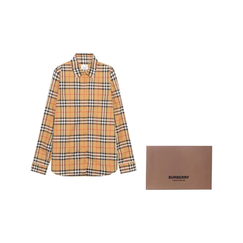 Burberry Vintage Women'ss Check Cotton Oversized Shirt Antique Yellow-6