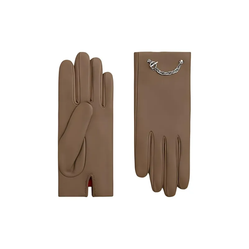 HERMES Lambskin, Cashmere, Metal, Palladium Plated Gloves Women's Brown-0