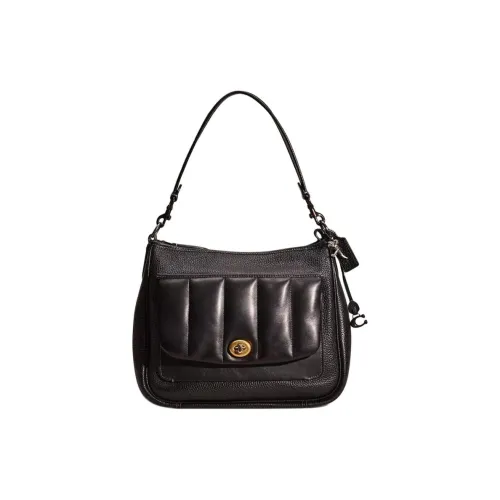 COACH Cary Eggstone Grain Leather Shoulder Bag Large Size Women's Black